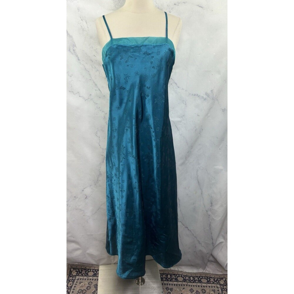 Vintage Nightgown Slip Dress M L Nightie Satin TEAL Blue BROCADE Whimsical fairy - Picture 7 of 14